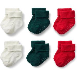 imageAmazon Essentials x Sofia Grainge Unisex Toddlers and Babies Knitted Turn Cuff Socks 6 PairsDark GreenIvoryRed
