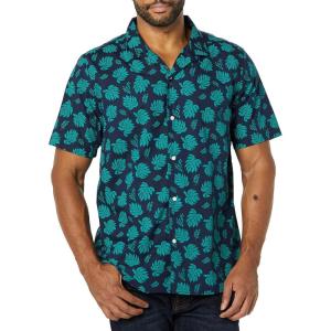 imageAmazon Essentials Mens Vacation Cotton Resort Shirt SlimFit Short SleeveNavy Teal Green Palm Leaf Print