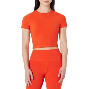 imageAmazon Essentials Womens Active FormFlex Buttery Soft Short Sleeve Slim Fit Crop Layering Workout TopBright Red