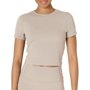 imageAmazon Essentials Womens Active FormFlex Buttery Soft Short Sleeve Slim Fit Crop Layering Workout TopTaupe