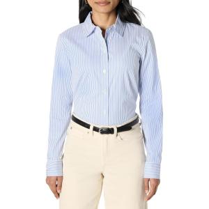 imageAmazon Essentials Womens SlimFit Stretch Poplin ButtonUp Dress ShirtWhite Blue Mini Stripe