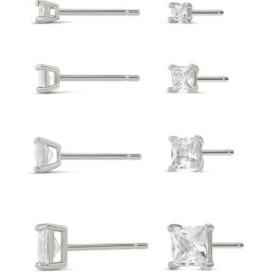 imageAmazon Essentials 14K Gold Plated Sterling Silver Round or Princess Cut Cubic Zirconia Stud Earring SetSilver