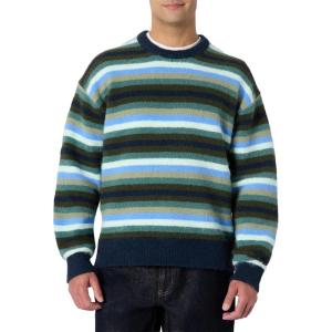 imageAmazon Essentials Mens RelaxedFit Faux Mohair Crewneck Pullover SweaterNavy Blue Stripe Knit