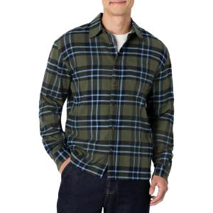 imageAmazon Essentials Mens RelaxedFit LongSleeve Flannel ShirtDark Olive Blue Simple Plaid