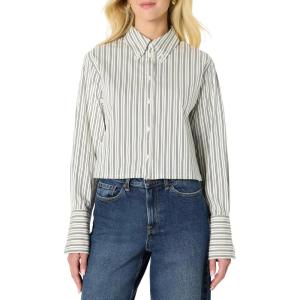 imageAmazon Essentials Womens Modern OversizedFit Cropped Cotton Stretch Poplin ButtonDown ShirtIvory Black Stripe