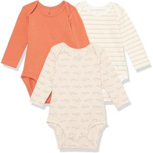 imageAmazon Essentials Unisex Babies Cotton Stretch Jersey Long Sleeve Bodysuit Previously Amazon Aware Pack of 3Beige MouseLight OrangePink Stripe