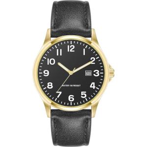 imageAmazon Essentials Mens Easy to Read 42mm Leather Band Analog WatchBlackGold
