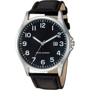 imageAmazon Essentials Mens Easy to Read 42mm Leather Band Analog WatchBlackSilver