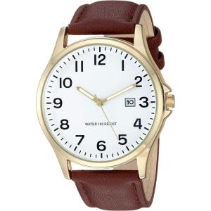 imageAmazon Essentials Mens Easy to Read 42mm Leather Band Analog WatchBrownGold