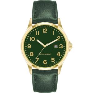 imageAmazon Essentials Mens Easy to Read 42mm Leather Band Analog WatchGreenGold