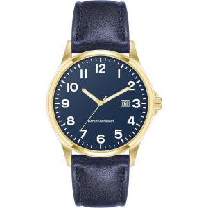 imageAmazon Essentials Mens Easy to Read 42mm Leather Band Analog WatchNavyGold