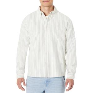 imageAmazon Essentials Mens Modern OversizedFit Cotton ButtonDown ShirtIvory Light Sage Green Stripe