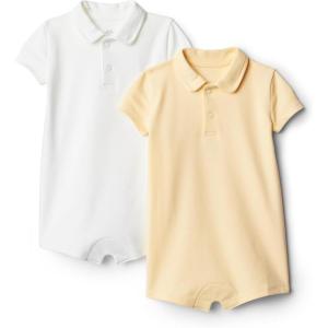 imageAmazon Essentials x Sofia Grainge Baby Boys Short Sleeve Cotton Polo Romper Pack of 2Light TanWhite