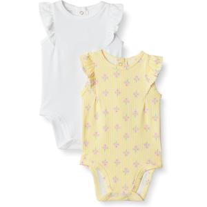 imageAmazon Essentials x Sofia Grainge Baby Girls Cotton Ruffle Sleeve Bodysuit with Embroidered Detail Pack of 2WhiteStripe Floral