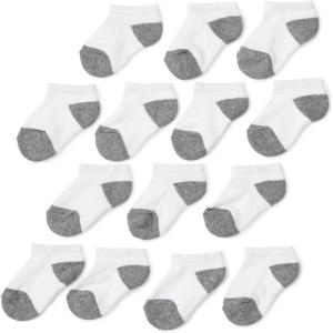 imageAmazon Essentials Unisex Kids and Toddlers Cotton Low Cut Cushioned Socks for Boys Girls Toddlers 14 PairsWhiteGrey Heather Heel