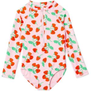 imageAmazon Essentials Girls Long Sleeve Rash Guard OnePiece SwimsuitPink Tomato Red Strawberries