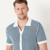 imageAmazon Essentials Mens RelaxedFit Short Sleeve ButtonDown Resort Knit Button Down ShirtDark Blue Stripe Knit