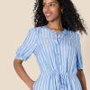 imageAmazon Essentials Womens Fit and Flare HalfSleeve Waisted Midi ALine Dress with PocketsFrench BlueWhite Stripe
