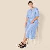 imageAmazon Essentials Womens Fit and Flare HalfSleeve Waisted Midi ALine Dress with PocketsFrench BlueWhite Stripe