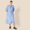imageAmazon Essentials Womens Fit and Flare HalfSleeve Waisted Midi ALine Dress with PocketsFrench BlueWhite Stripe