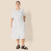 imageAmazon Essentials Womens Fit and Flare HalfSleeve Waisted Midi ALine Dress with PocketsOff White Micro Confetti Print