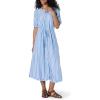 imageAmazon Essentials Womens Fit and Flare HalfSleeve Waisted Midi ALine Dress with PocketsFrench BlueWhite Stripe