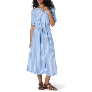 imageAmazon Essentials Womens Fit and Flare HalfSleeve Waisted Midi ALine Dress with PocketsFrench BlueWhite Stripe