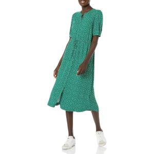 imageAmazon Essentials Womens Fit and Flare HalfSleeve Waisted Midi ALine Dress with PocketsGreen Vine Leaf Print
