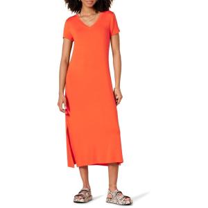 imageAmazon Essentials Womens Stretchy Jersey VNeck Short Sleeve Midi Length DressCoral Orange