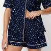 imageAmazon Essentials Womens Cotton Stretch Poplin Pajama Set Short Sleeve ButtonDown with ShortsNavy Ivory Dot