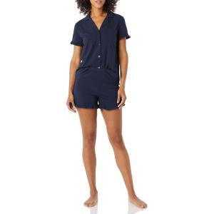 imageAmazon Essentials Womens Cotton Modal Piped Notch Collar Pajama Set Comfortable Loungewear Available in Plus SizeNavy