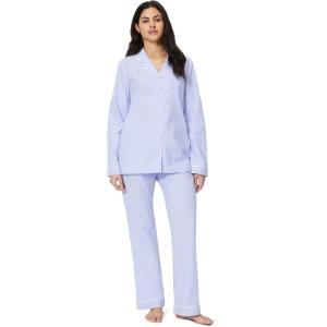 imageAmazon Essentials Womens Cotton Stretch Poplin Pajama Set Long Sleeve ButtonDown Shirt with PantsBlue Pinstripe