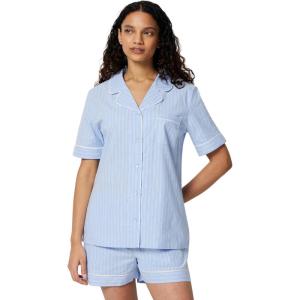 imageAmazon Essentials Womens Cotton Stretch Poplin Pajama Set Short Sleeve ButtonDown with ShortsBlue Pinstripe