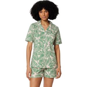 imageAmazon Essentials Womens Cotton Stretch Poplin Pajama Set Short Sleeve ButtonDown with ShortsLight Pink Palm Leaves