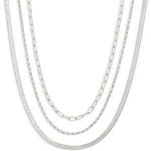 imageAmazon Essentials 14K Paperclip Station and Herringbone Chain 3 Row Layered Necklace 16 18 20Silver