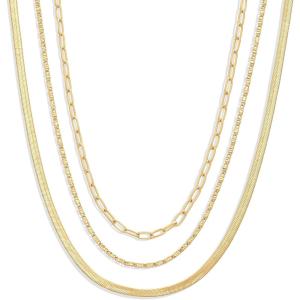 imageAmazon Essentials 14K Paperclip Station and Herringbone Chain 3 Row Layered Necklace 16 18 20Yellow Gold