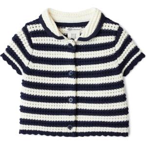 imageAmazon Essentials x Sofia Grainge Toddlers and Baby Girls Cotton Short Sleeve Button Front Sweater with Peter Pan CollarIvory Navy Polo Stripe