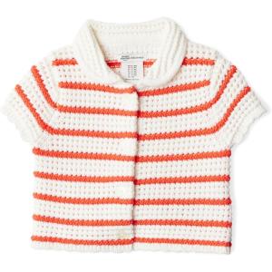 imageAmazon Essentials x Sofia Grainge Toddlers and Baby Girls Cotton Short Sleeve Button Front Sweater with Peter Pan CollarIvory Red Uneven Stripe
