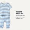 imageAmazon Essentials x Sofia Grainge Unisex Toddlers and Babies Cotton Knit Short Sleeve Shirt amp Pants SetBlue Ivory Uneven Stripe