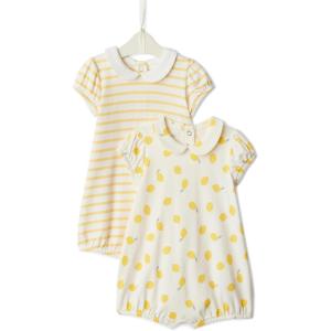 imageAmazon Essentials x Sofia Grainge Baby Girls Cotton Short Sleeve Romper with Peter Pan CollarLemonUneven Stripe