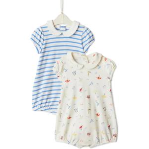 imageAmazon Essentials x Sofia Grainge Baby Girls Cotton Short Sleeve Romper with Peter Pan CollarSailboatsUneven Stripe