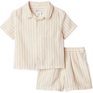 imageAmazon Essentials x Sofia Grainge Toddlers and Baby Boys Cotton Linen Short Sleeve Shirt amp Shorts Play SetTaupe Even Stripe