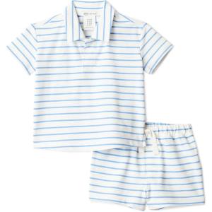 imageAmazon Essentials x Sofia Grainge Toddlers and Baby Boys Cotton Pique Short Sleeve Shirt amp Shorts Play SetBlue Uneven Thin Stripe