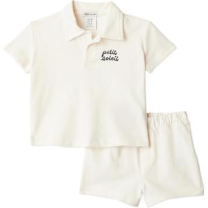 imageAmazon Essentials x Sofia Grainge Toddlers and Baby Boys Cotton Pique Short Sleeve Shirt amp Shorts Play SetIvory Navy Petit Soleil