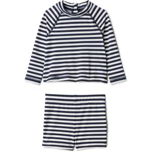 imageAmazon Essentials x Sofia Grainge Toddlers and Baby Boys TwoPiece Long Sleeve Rashguard and Shorts SetIvory Navy Even Stripe