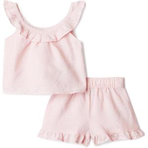 imageAmazon Essentials x Sofia Grainge Toddlers and Baby Girls Cotton Linen Sleeveless Top amp Shorts Set with RufflesLight Pink