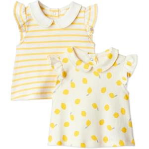 imageAmazon Essentials x Sofia Grainge Toddlers and Baby Girls Cotton Short Sleeve Blouses with Ruffles Pack of 2LemonUneven Stripe