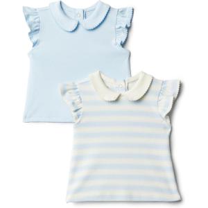 imageAmazon Essentials x Sofia Grainge Toddlers and Baby Girls Cotton Short Sleeve Blouses with Ruffles Pack of 2Light BlueStripe