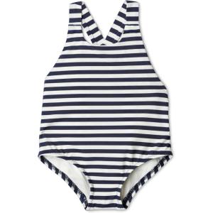 imageAmazon Essentials x Sofia Grainge Toddlers and Baby Girls OnePiece Swimsuit with Crisscross Straps Ruffle DetailIvory Navy Even Stripe