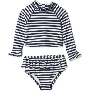 imageAmazon Essentials x Sofia Grainge Toddlers and Baby Girls TwoPiece Long Sleeve Rashguard Set MultipacksIvory Navy Even Stripe